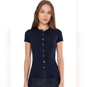 Madewell Cotton-Blend Pointelle Short-Sleeve Cardigan~Size S~Antique Blue